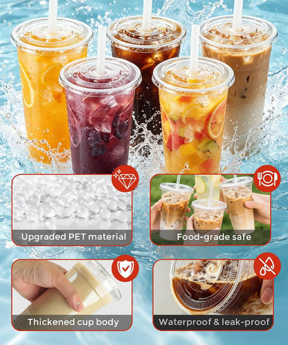 Ginkgo 50 Pack 20 oz Plastic Iced Coffee Cups with Lids and Straws