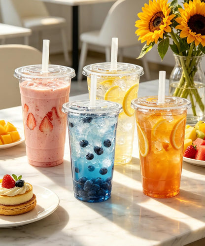 Ginkgo 50 Pack 20 oz Plastic Iced Coffee Cups with Lids and Straws