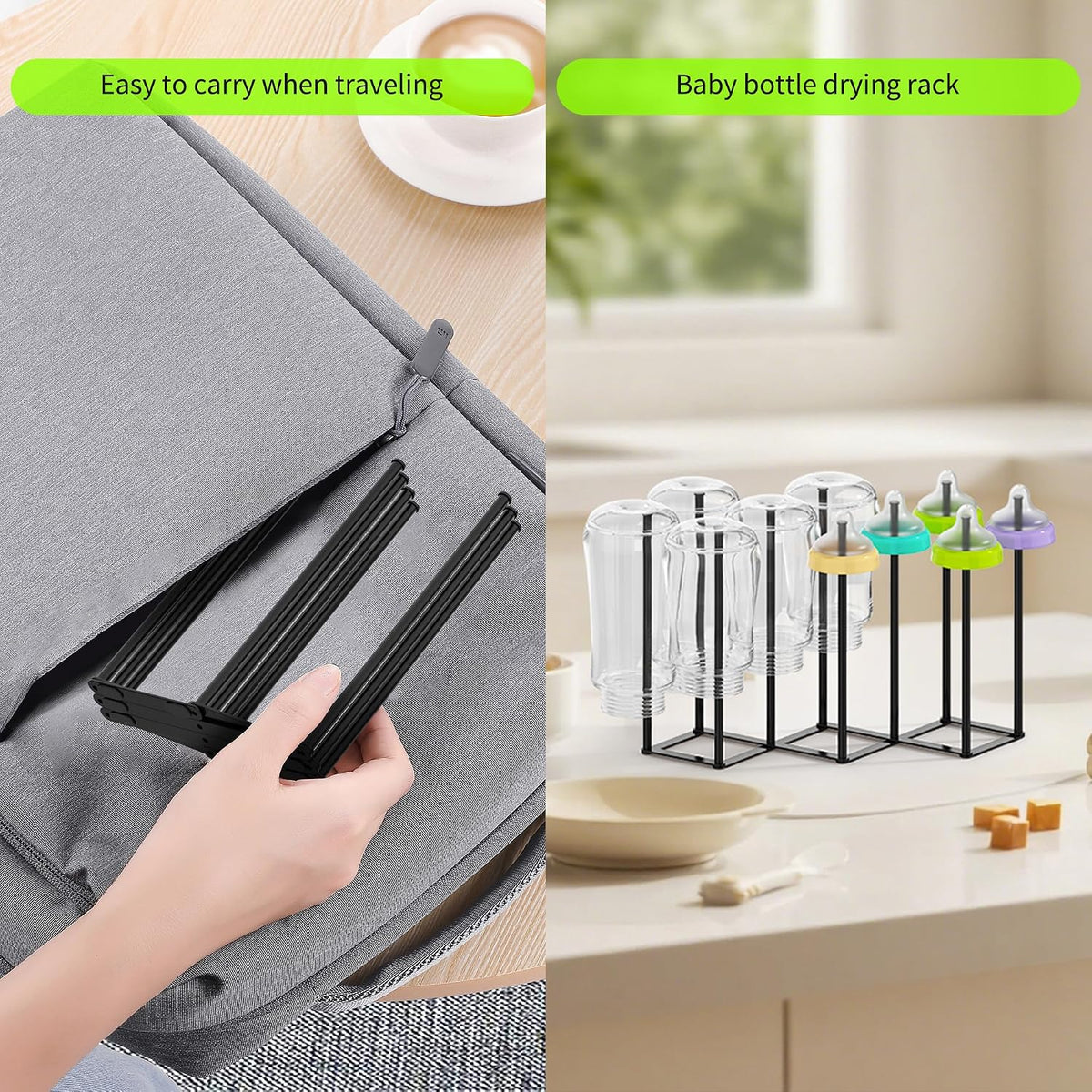 Collapsible Bottle Drying Rack, Foldable Baby Bottle Drying Rack, Portable Drainer Stand Holder for Water Bottles, Cup, Reusable Silicone Bag, Cutting Board (Black)