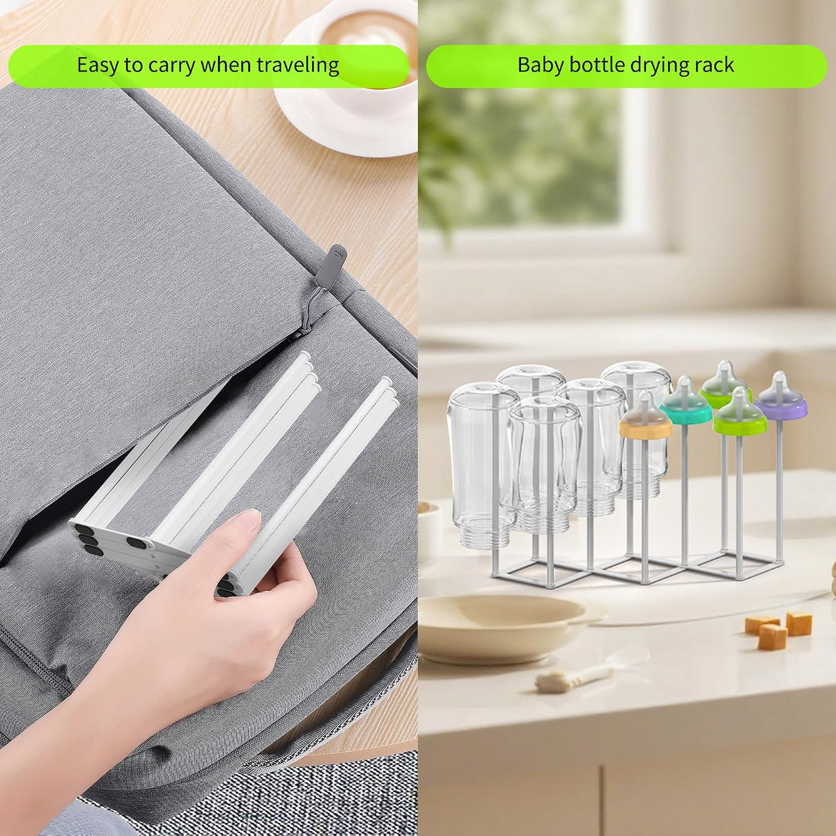 Collapsible Bottle Drying Rack, Foldable Baby Bottle Drying Rack, Portable Drainer Stand Holder for Water Bottles, Cup, Reusable Silicone Bag, Cutting Board (Black)
