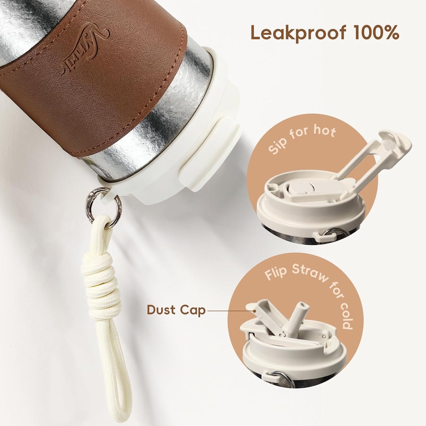 Flip Straw Travel Coffee Mug Leak Proof,Reusable Insulated Coffee Tumbler With Lid And Straw,Titanium Water Bottle Lightweight,Gift(BROWN)