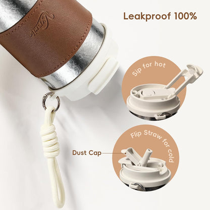 Flip Straw Travel Coffee Mug Leak Proof,Reusable Insulated Coffee Tumbler With Lid And Straw,Titanium Water Bottle Lightweight,Gift(BROWN)