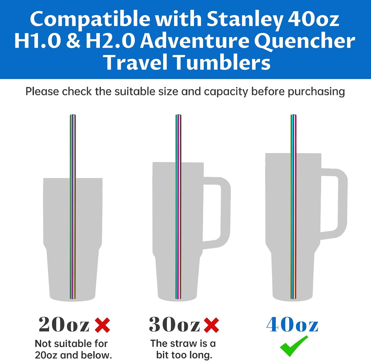 8PCS Stainless Steel Straws Fit for 40oz Stanley Tumblers, Silver