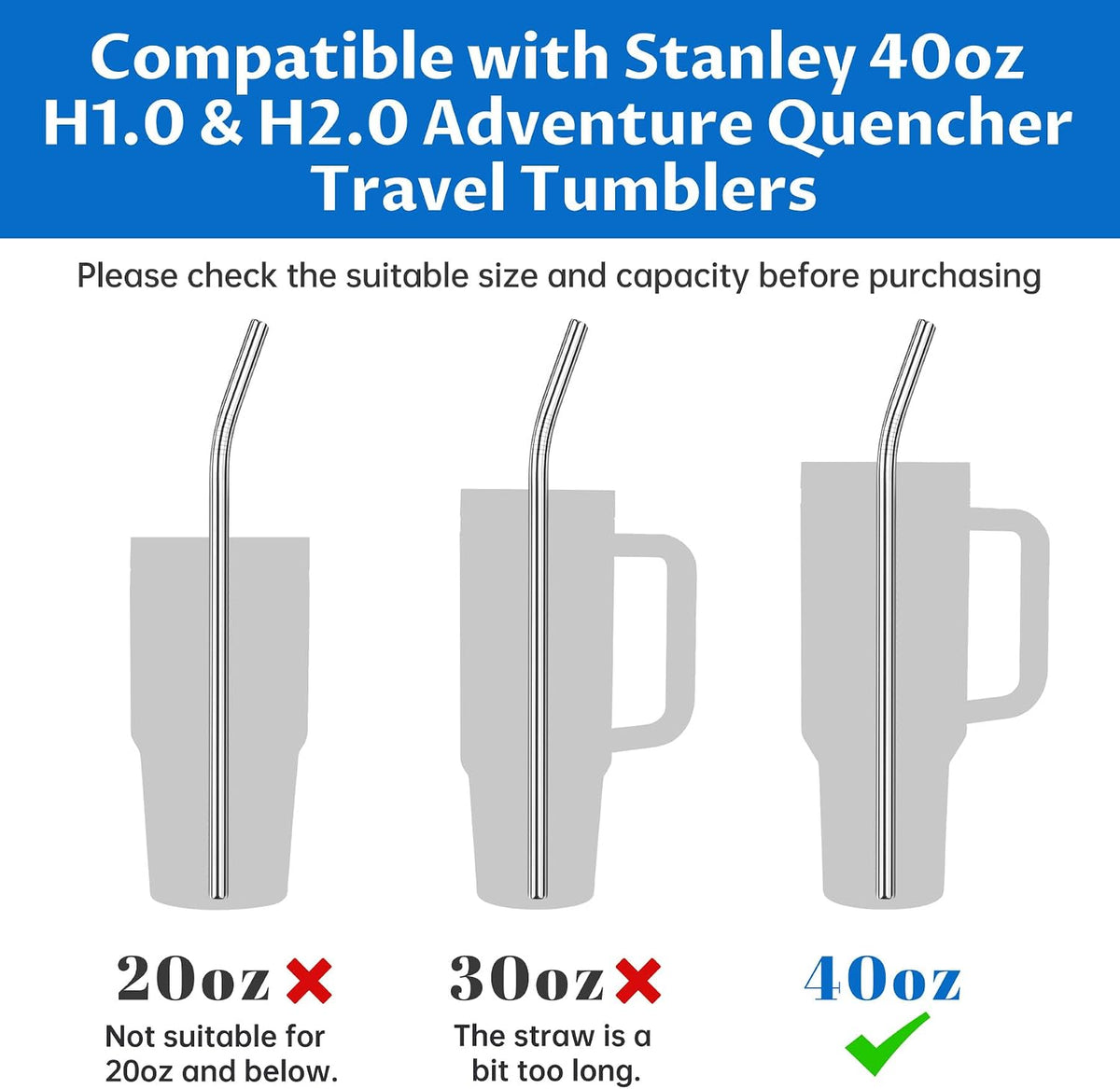 8PCS Stainless Steel Straws Fit for 40oz Stanley Tumblers, Silver