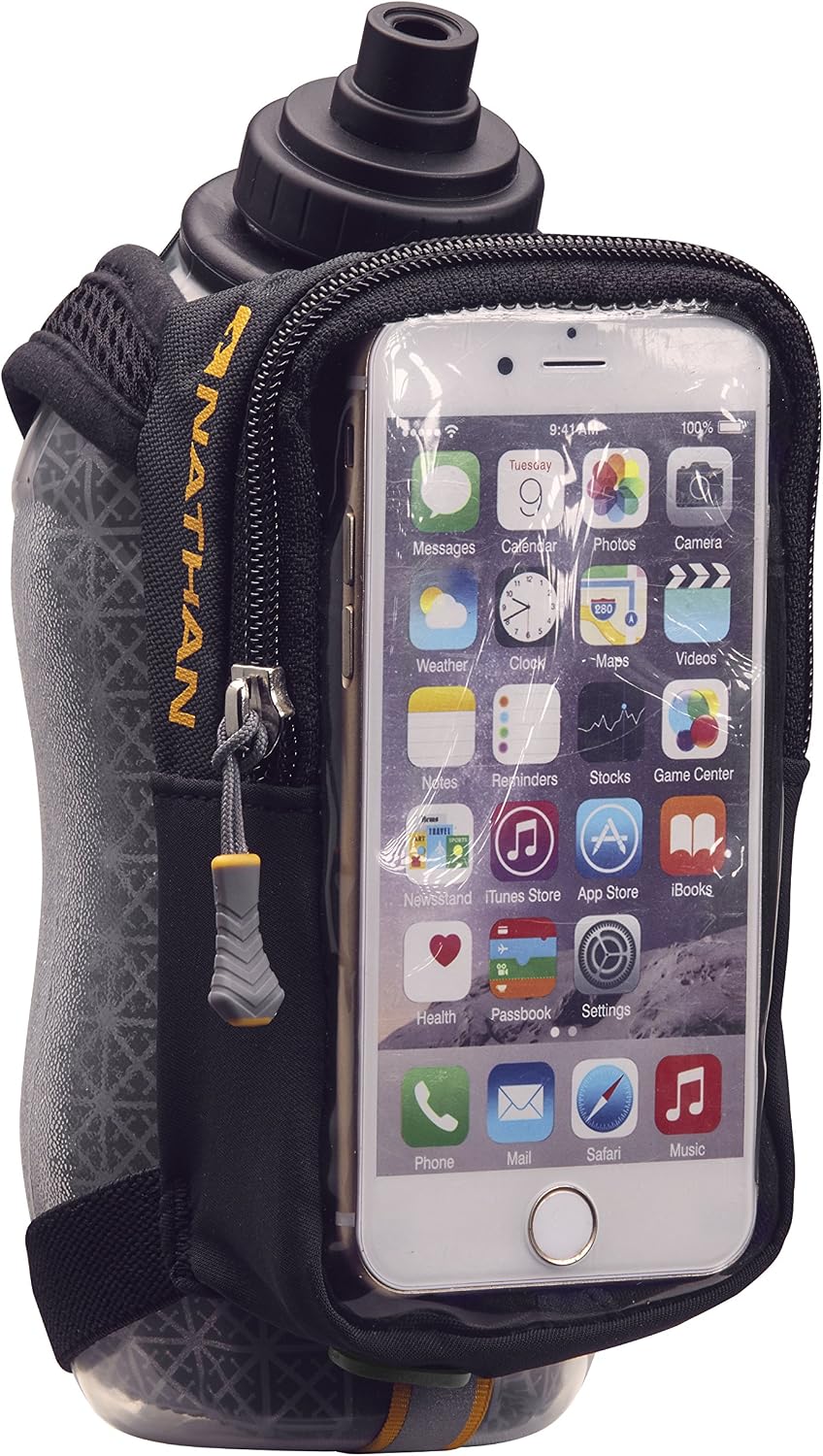 Nathan SpeedView Insulated Handheld Running Water Bottle Flask 18oz – Double-Wall Insulation, Ergonomic Grip, Blast Valve Cap, Phone & Key Storage Pockets, Reflective Design
