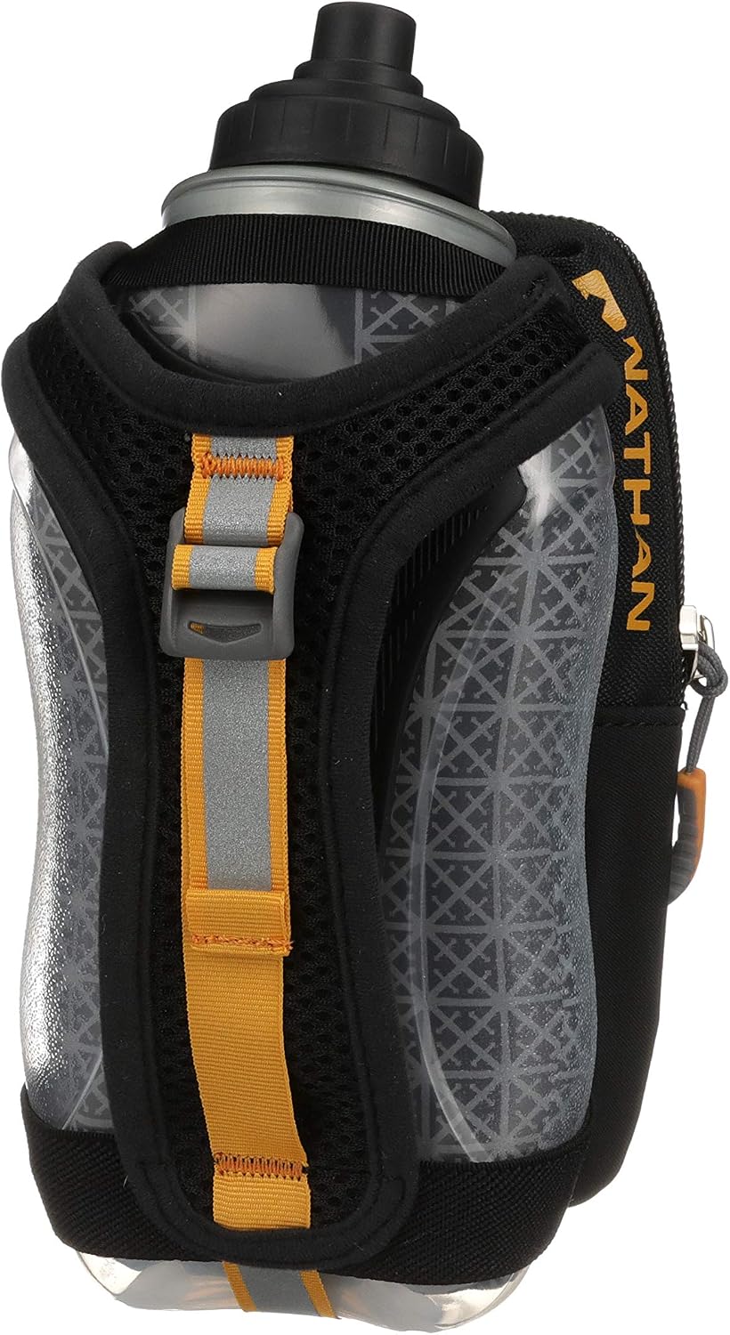 Nathan SpeedView Insulated Handheld Running Water Bottle Flask 18oz – Double-Wall Insulation, Ergonomic Grip, Blast Valve Cap, Phone & Key Storage Pockets, Reflective Design