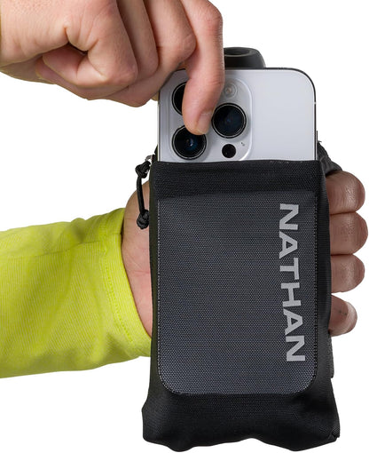 Nathan SpeedView Insulated Handheld Running Water Bottle Flask 18oz – Double-Wall Insulation, Ergonomic Grip, Blast Valve Cap, Phone & Key Storage Pockets, Reflective Design