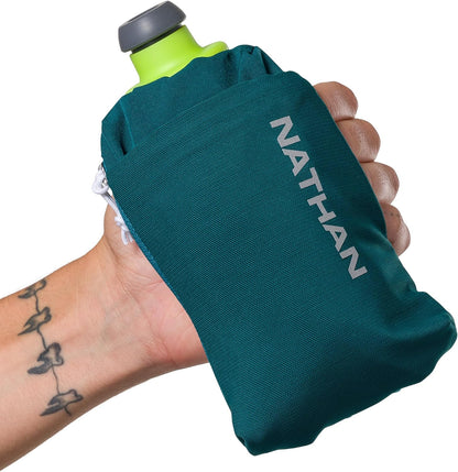 Nathan SpeedView Insulated Handheld Running Water Bottle Flask 18oz – Double-Wall Insulation, Ergonomic Grip, Blast Valve Cap, Phone & Key Storage Pockets, Reflective Design