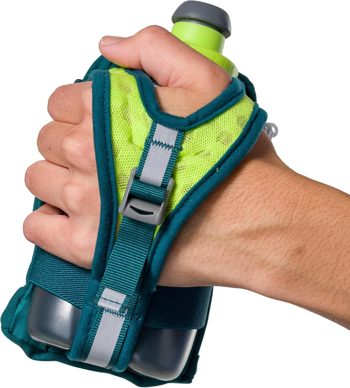 Nathan SpeedView Insulated Handheld Running Water Bottle Flask 18oz – Double-Wall Insulation, Ergonomic Grip, Blast Valve Cap, Phone & Key Storage Pockets, Reflective Design