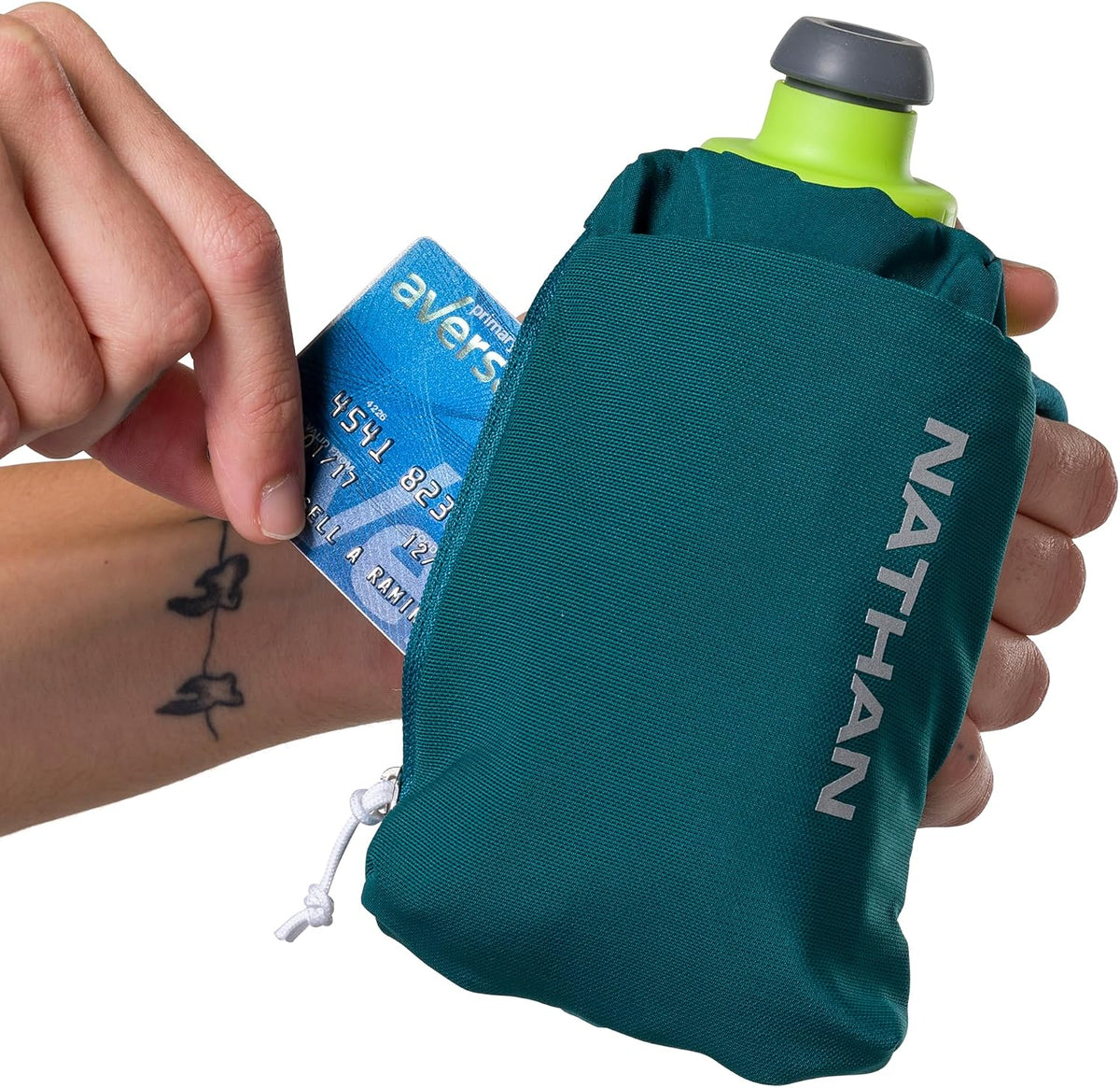 Nathan SpeedView Insulated Handheld Running Water Bottle Flask 18oz – Double-Wall Insulation, Ergonomic Grip, Blast Valve Cap, Phone & Key Storage Pockets, Reflective Design