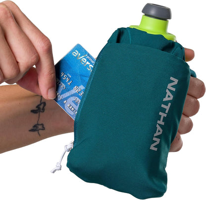 Nathan SpeedView Insulated Handheld Running Water Bottle Flask 18oz – Double-Wall Insulation, Ergonomic Grip, Blast Valve Cap, Phone & Key Storage Pockets, Reflective Design