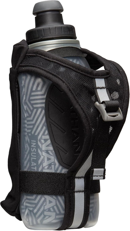 Nathan SpeedView Insulated Handheld Running Water Bottle Flask 18oz – Double-Wall Insulation, Ergonomic Grip, Blast Valve Cap, Phone & Key Storage Pockets, Reflective Design