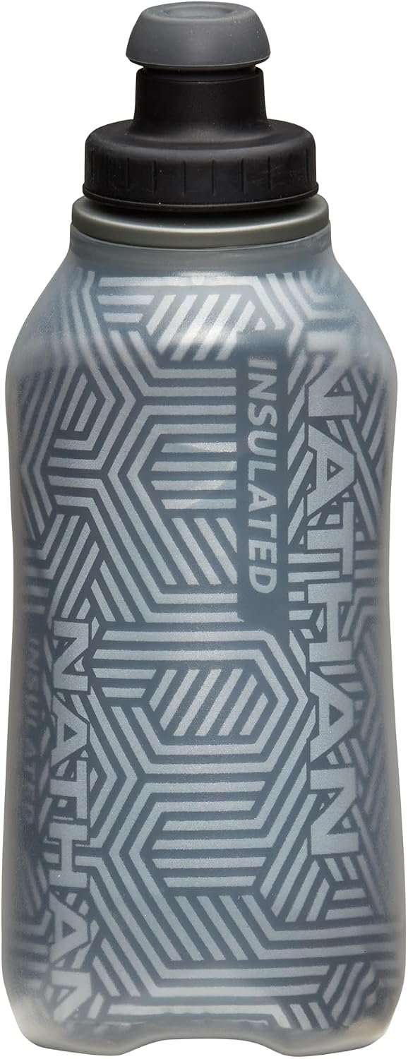 Nathan SpeedView Insulated Handheld Running Water Bottle Flask 18oz – Double-Wall Insulation, Ergonomic Grip, Blast Valve Cap, Phone & Key Storage Pockets, Reflective Design