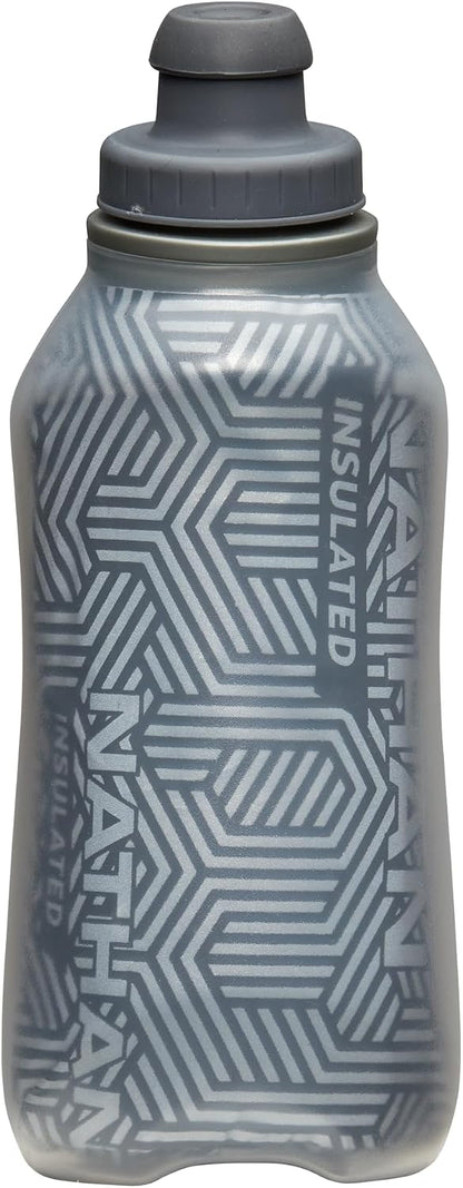 Nathan SpeedView Insulated Handheld Running Water Bottle Flask 18oz – Double-Wall Insulation, Ergonomic Grip, Blast Valve Cap, Phone & Key Storage Pockets, Reflective Design