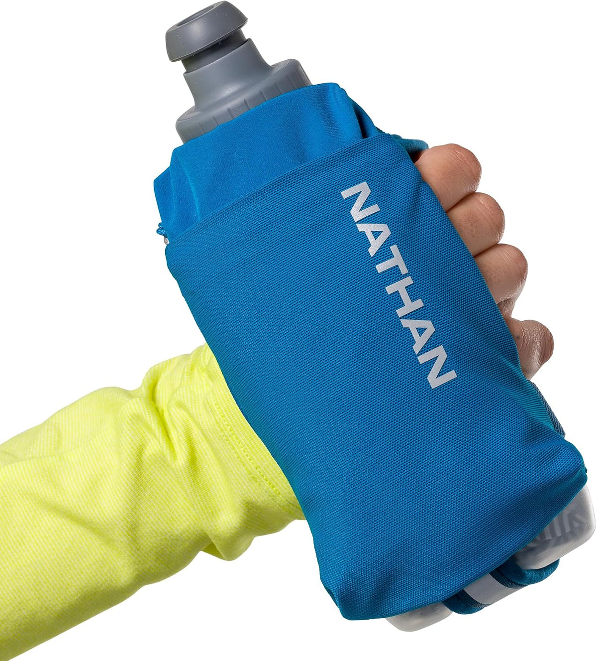 Nathan SpeedView Insulated Handheld Running Water Bottle Flask 18oz – Double-Wall Insulation, Ergonomic Grip, Blast Valve Cap, Phone & Key Storage Pockets, Reflective Design