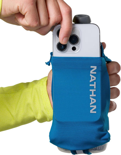 Nathan SpeedView Insulated Handheld Running Water Bottle Flask 18oz – Double-Wall Insulation, Ergonomic Grip, Blast Valve Cap, Phone & Key Storage Pockets, Reflective Design