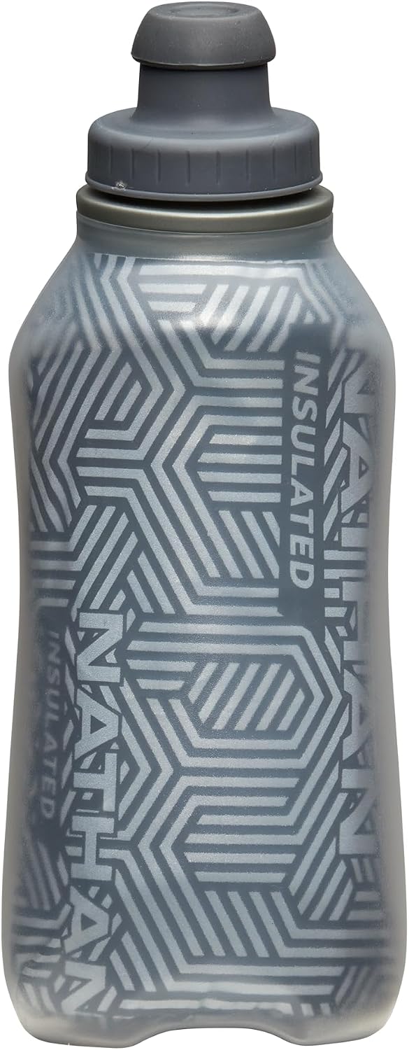 Nathan SpeedView Insulated Handheld Running Water Bottle Flask 18oz – Double-Wall Insulation, Ergonomic Grip, Blast Valve Cap, Phone & Key Storage Pockets, Reflective Design