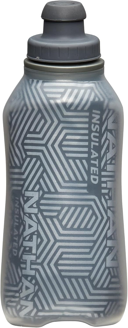 Nathan SpeedView Insulated Handheld Running Water Bottle Flask 18oz – Double-Wall Insulation, Ergonomic Grip, Blast Valve Cap, Phone & Key Storage Pockets, Reflective Design