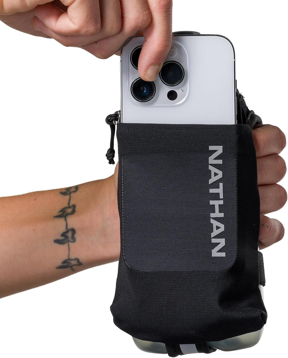 Nathan SpeedView Insulated Handheld Running Water Bottle Flask 18oz – Double-Wall Insulation, Ergonomic Grip, Blast Valve Cap, Phone & Key Storage Pockets, Reflective Design