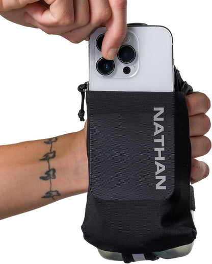 Nathan SpeedView Insulated Handheld Running Water Bottle Flask 18oz – Double-Wall Insulation, Ergonomic Grip, Blast Valve Cap, Phone & Key Storage Pockets, Reflective Design