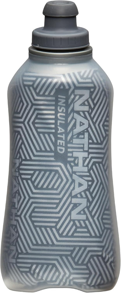 Nathan SpeedView Insulated Handheld Running Water Bottle Flask 18oz – Double-Wall Insulation, Ergonomic Grip, Blast Valve Cap, Phone & Key Storage Pockets, Reflective Design