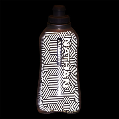 Nathan SpeedView Insulated Handheld Running Water Bottle Flask 18oz – Double-Wall Insulation, Ergonomic Grip, Blast Valve Cap, Phone & Key Storage Pockets, Reflective Design