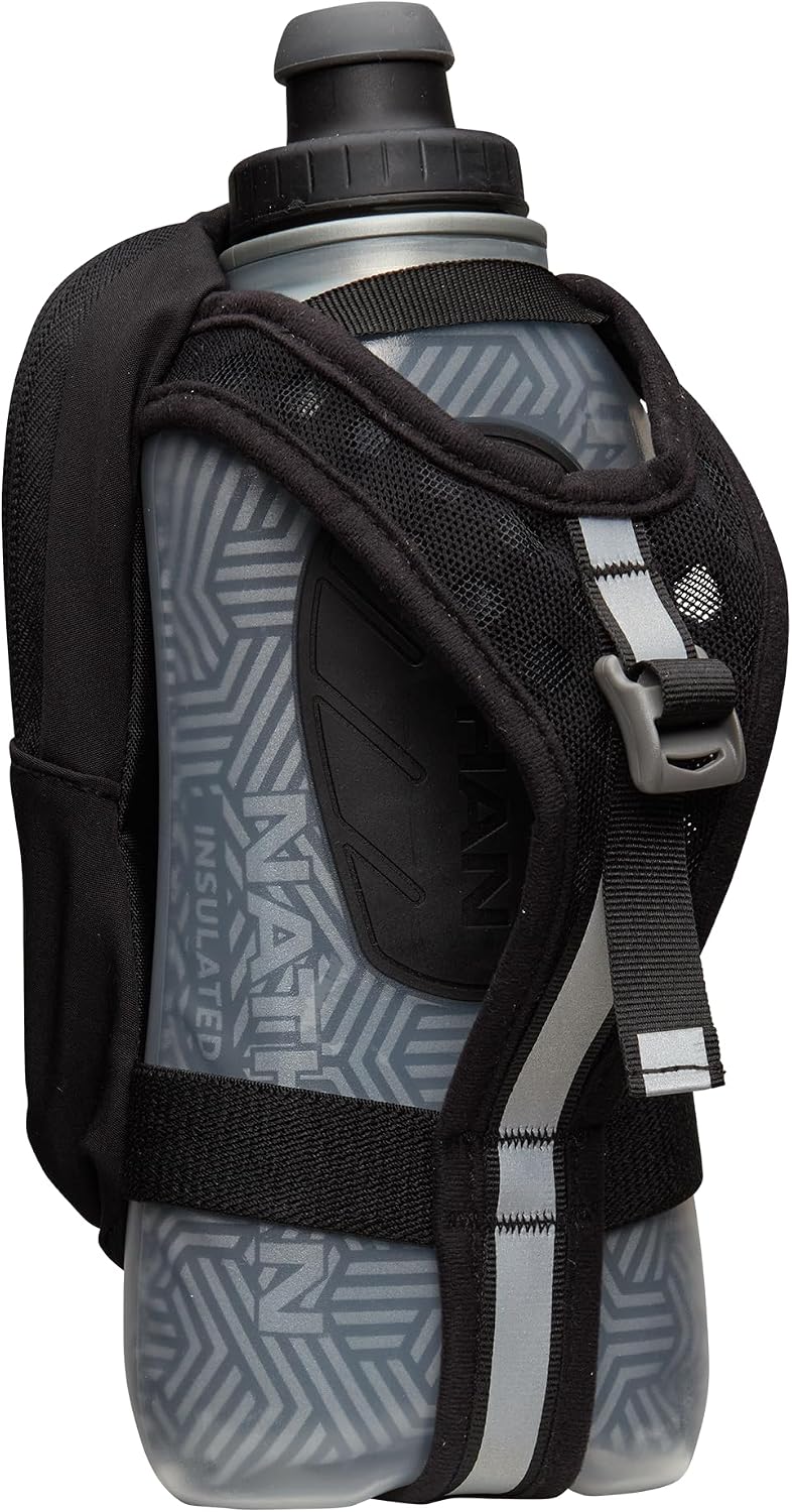 Nathan SpeedView Insulated Handheld Running Water Bottle Flask 18oz – Double-Wall Insulation, Ergonomic Grip, Blast Valve Cap, Phone & Key Storage Pockets, Reflective Design