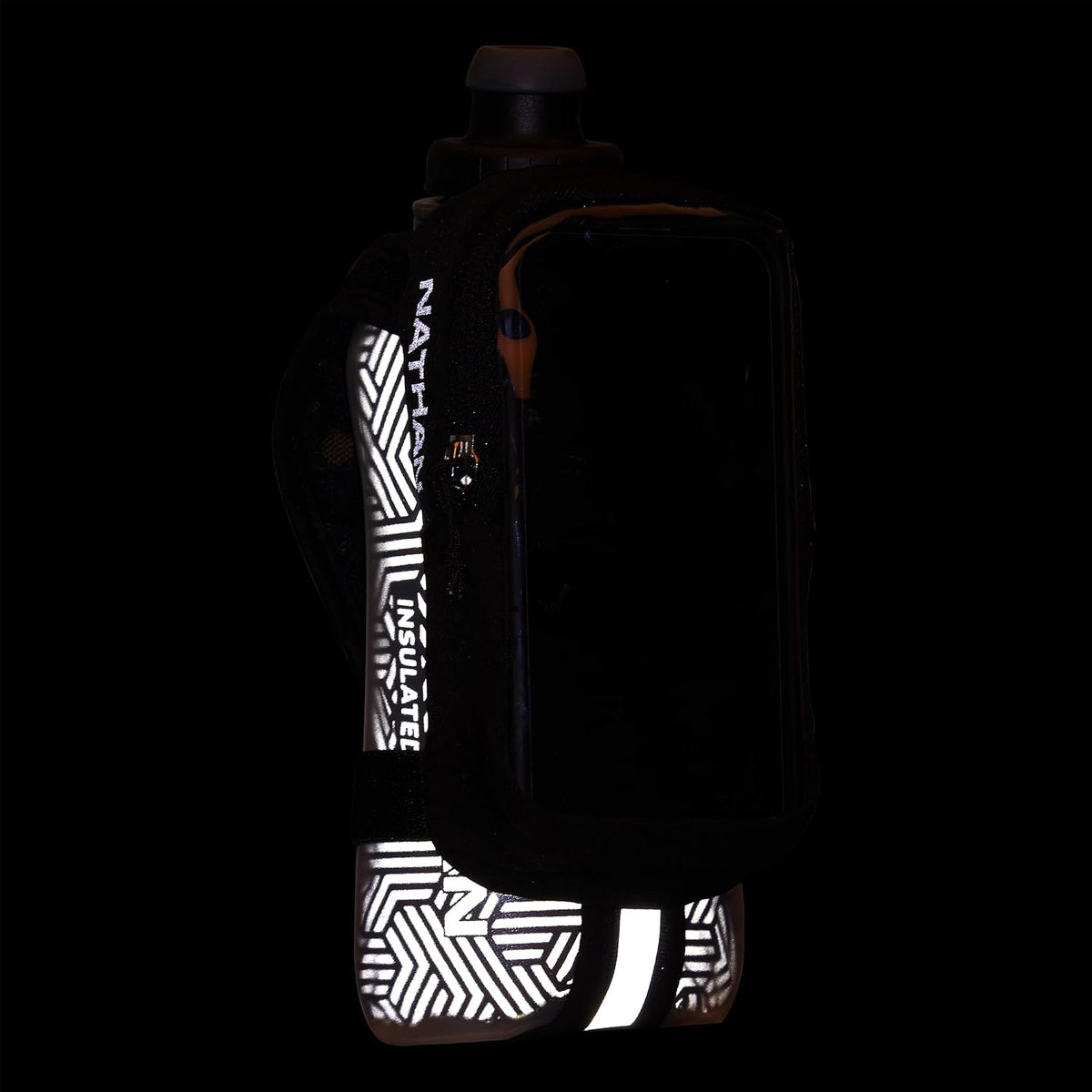Nathan SpeedView Insulated Handheld Running Water Bottle Flask 18oz – Double-Wall Insulation, Ergonomic Grip, Blast Valve Cap, Phone & Key Storage Pockets, Reflective Design