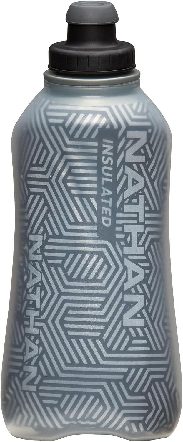 Nathan SpeedView Insulated Handheld Running Water Bottle Flask 18oz – Double-Wall Insulation, Ergonomic Grip, Blast Valve Cap, Phone & Key Storage Pockets, Reflective Design