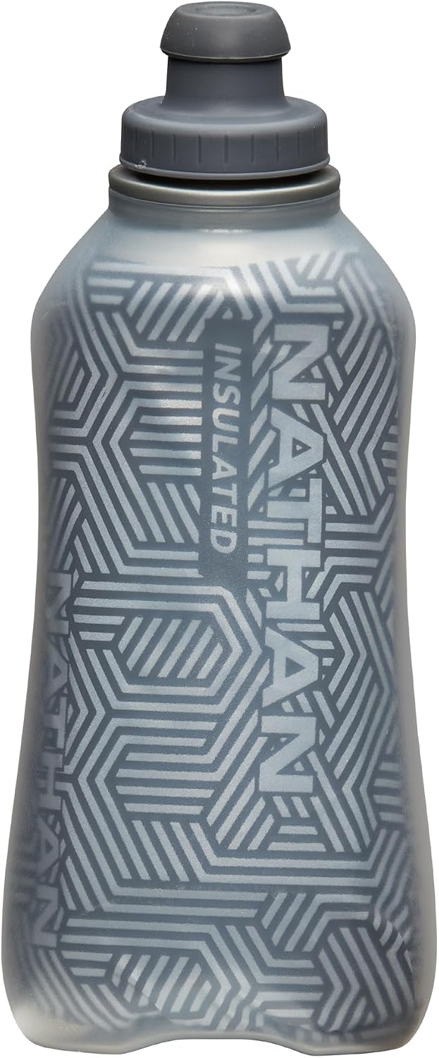 Nathan SpeedView Insulated Handheld Running Water Bottle Flask 18oz – Double-Wall Insulation, Ergonomic Grip, Blast Valve Cap, Phone & Key Storage Pockets, Reflective Design