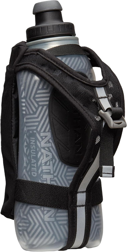 Nathan SpeedView Insulated Handheld Running Water Bottle Flask 18oz – Double-Wall Insulation, Ergonomic Grip, Blast Valve Cap, Phone & Key Storage Pockets, Reflective Design