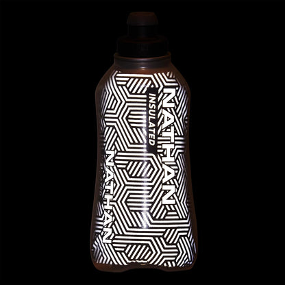Nathan SpeedView Insulated Handheld Running Water Bottle Flask 18oz – Double-Wall Insulation, Ergonomic Grip, Blast Valve Cap, Phone & Key Storage Pockets, Reflective Design