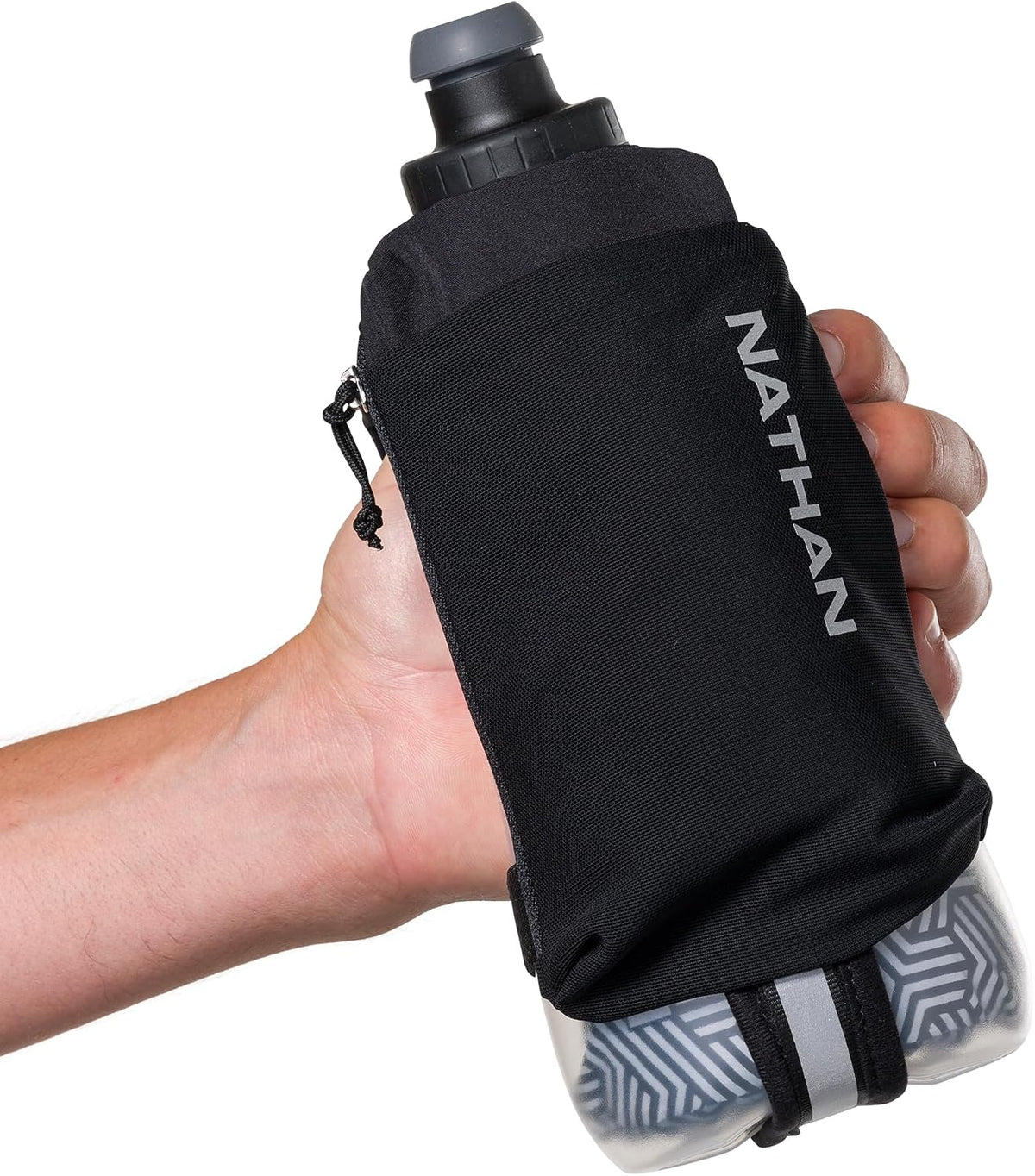 Nathan SpeedView Insulated Handheld Running Water Bottle Flask 18oz – Double-Wall Insulation, Ergonomic Grip, Blast Valve Cap, Phone & Key Storage Pockets, Reflective Design
