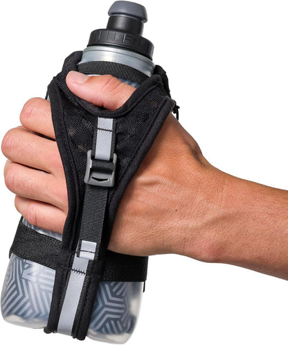 Nathan SpeedView Insulated Handheld Running Water Bottle Flask 18oz – Double-Wall Insulation, Ergonomic Grip, Blast Valve Cap, Phone & Key Storage Pockets, Reflective Design