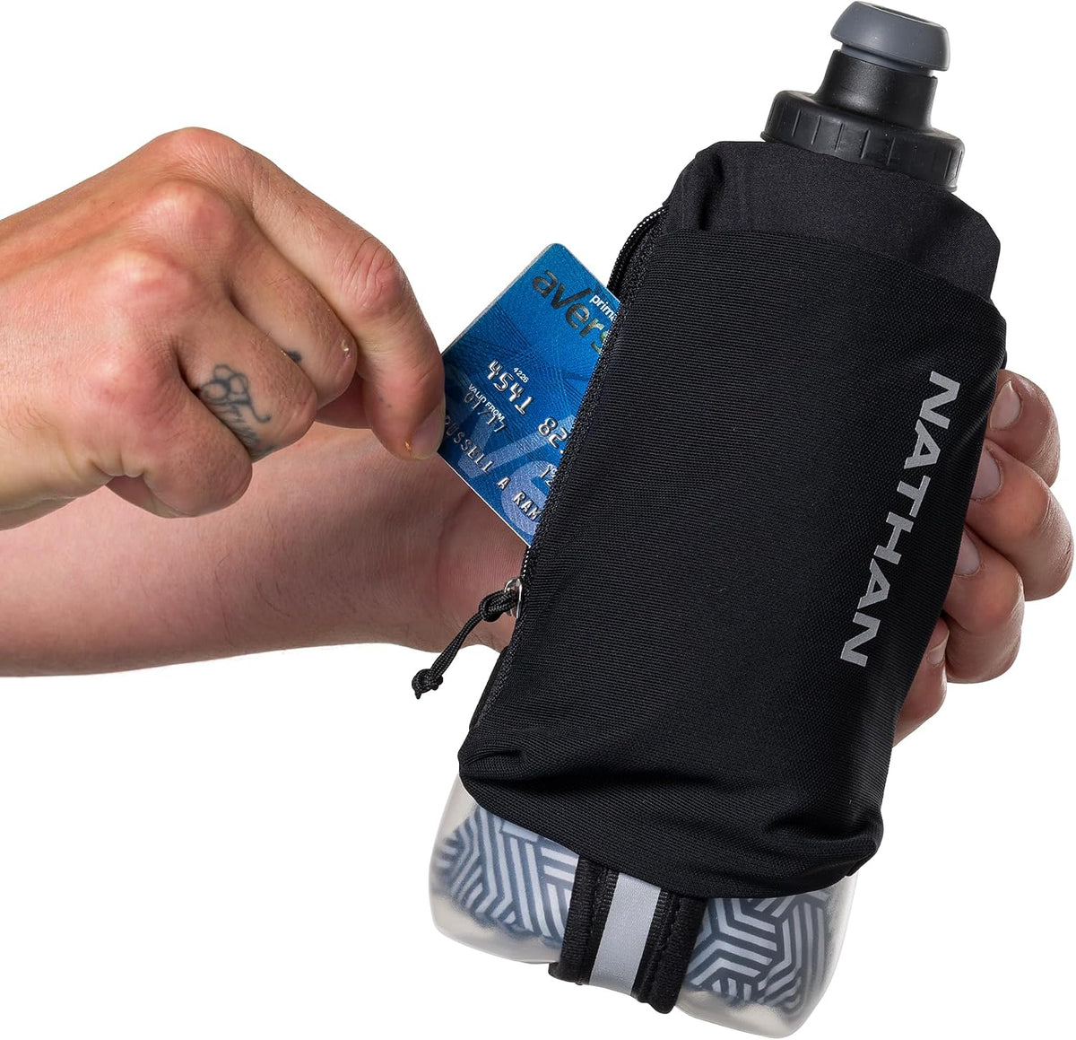 Nathan SpeedView Insulated Handheld Running Water Bottle Flask 18oz – Double-Wall Insulation, Ergonomic Grip, Blast Valve Cap, Phone & Key Storage Pockets, Reflective Design