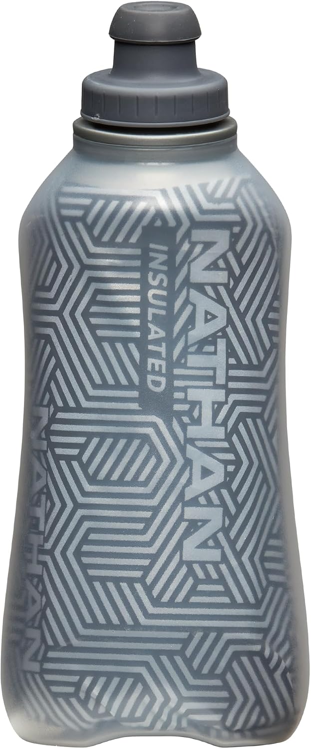 Nathan SpeedView Insulated Handheld Running Water Bottle Flask 18oz – Double-Wall Insulation, Ergonomic Grip, Blast Valve Cap, Phone & Key Storage Pockets, Reflective Design