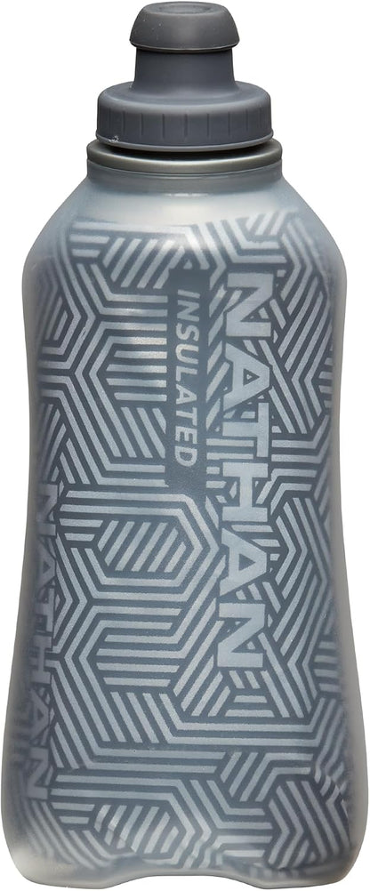 Nathan SpeedView Insulated Handheld Running Water Bottle Flask 18oz – Double-Wall Insulation, Ergonomic Grip, Blast Valve Cap, Phone & Key Storage Pockets, Reflective Design