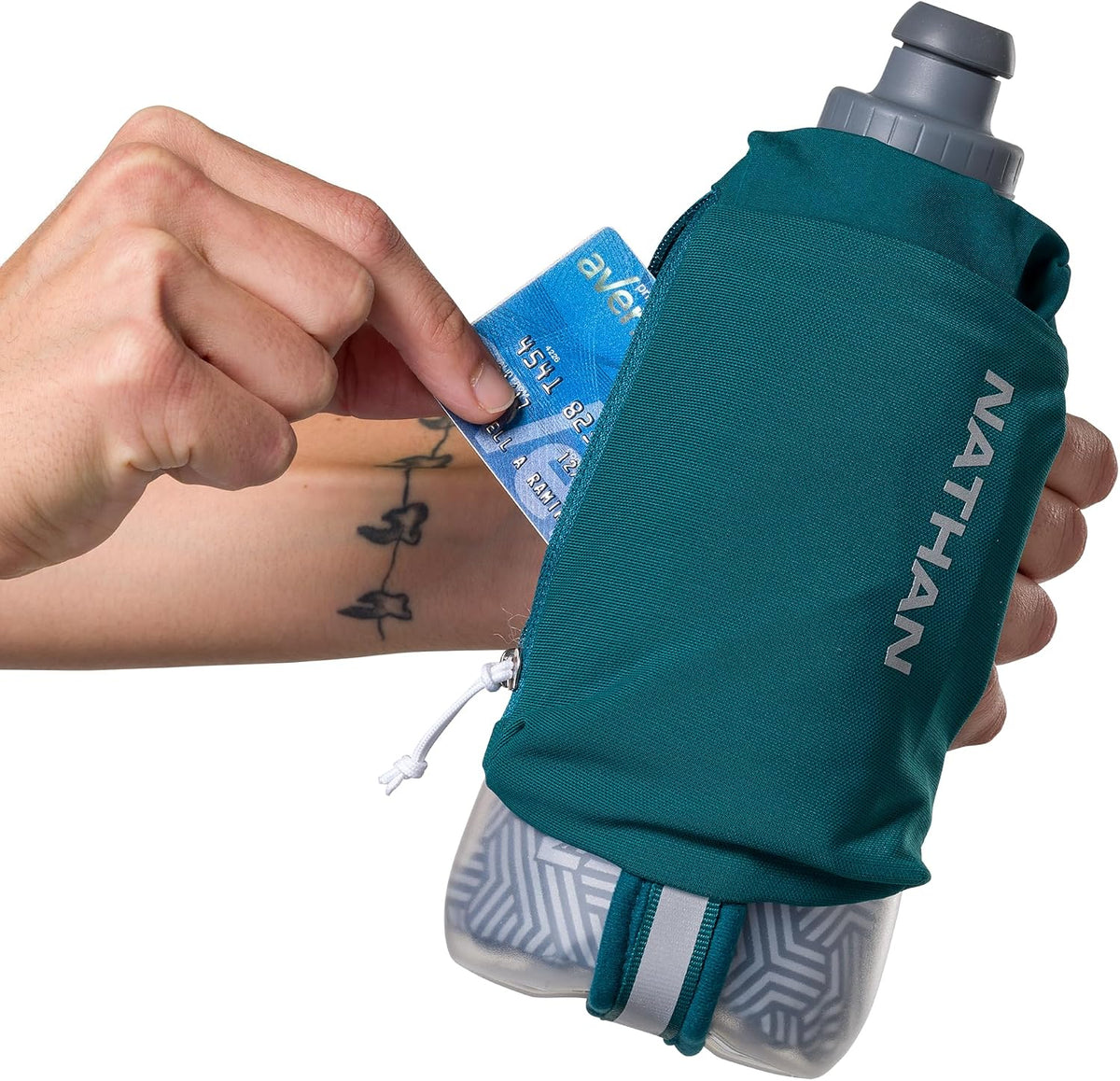 Nathan SpeedView Insulated Handheld Running Water Bottle Flask 18oz – Double-Wall Insulation, Ergonomic Grip, Blast Valve Cap, Phone & Key Storage Pockets, Reflective Design