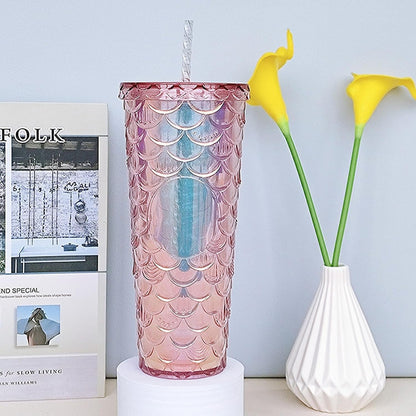 Studded Tumbler With Straw Tumblers With Lids And Straws Iridescent Blue Cups Water Cup With Straw And Lid BPA-Free Double-Wall Plastic for Iced Coffee Cups or Water 24 Oz