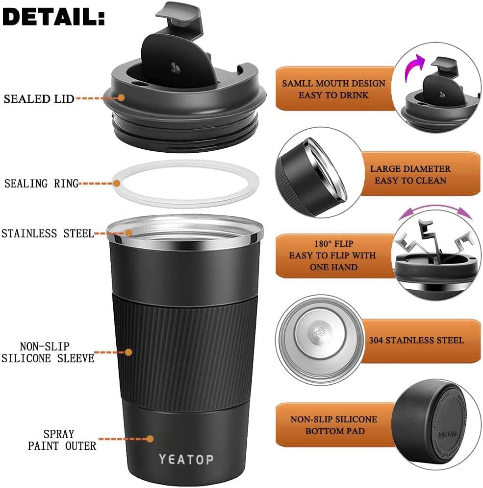 Insulated Travel Coffee Mug 16 oz, Spill Proof Coffee Mug To Go, Leakproof Stainless Steel Coffee Tumblers Reusable Thermal Coffee Cup with Lid for Hot & Cold Drinks (Blue, 510ml)
