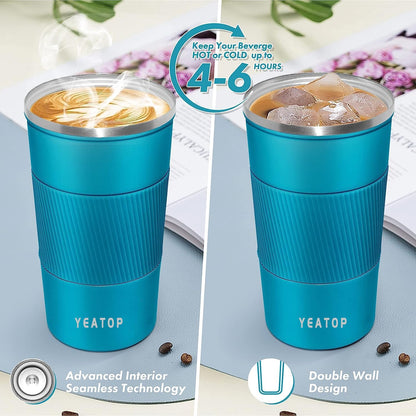 Insulated Travel Coffee Mug 16 oz, Spill Proof Coffee Mug To Go, Leakproof Stainless Steel Coffee Tumblers Reusable Thermal Coffee Cup with Lid for Hot & Cold Drinks (Blue, 510ml)