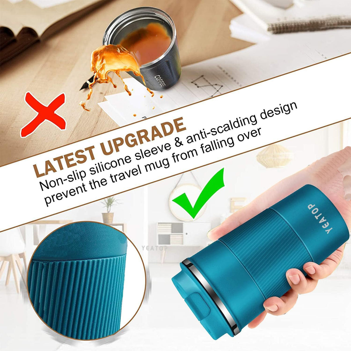 Insulated Travel Coffee Mug 16 oz, Spill Proof Coffee Mug To Go, Leakproof Stainless Steel Coffee Tumblers Reusable Thermal Coffee Cup with Lid for Hot & Cold Drinks (Blue, 510ml)