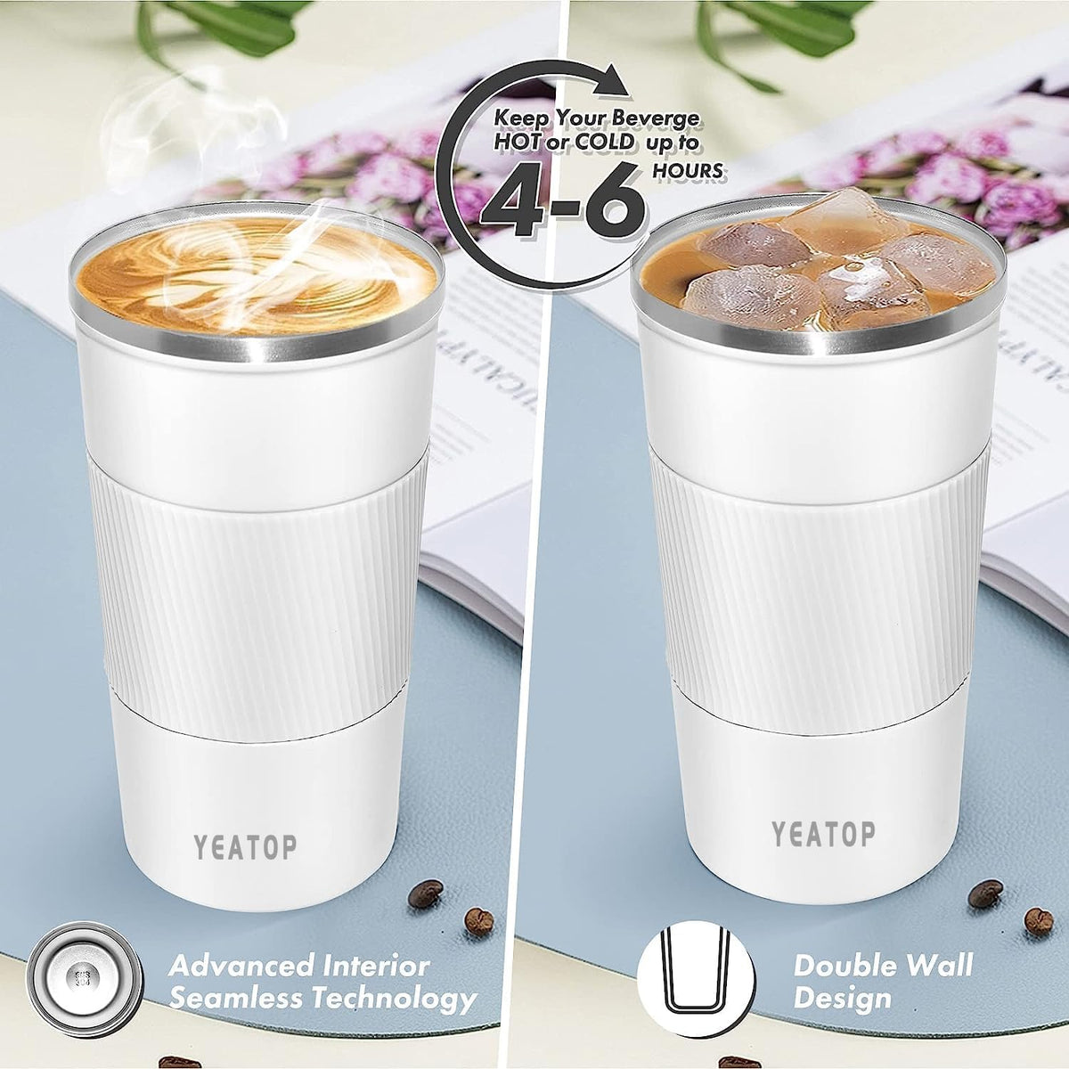 Insulated Travel Coffee Mug 16 oz, Spill Proof Coffee Mug To Go, Leakproof Stainless Steel Coffee Tumblers Reusable Thermal Coffee Cup with Lid for Hot & Cold Drinks (Blue, 510ml)