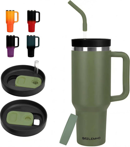 40oz Tumbler with Handle and Straw Spout 2-in-1 Lid, Spill Leak Proof Insulated Travel Cup Traveler Water Mug Keep Cold Hot, Dishwasher Safe Stainless Steel Bottle Gifts for Women Men, Ombre Orange