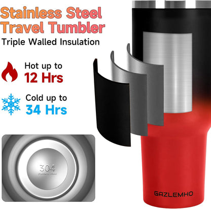 40oz Tumbler with Handle and Straw Spout 2-in-1 Lid, Spill Leak Proof Insulated Travel Cup Traveler Water Mug Keep Cold Hot, Dishwasher Safe Stainless Steel Bottle Gifts for Women Men, Ombre Orange