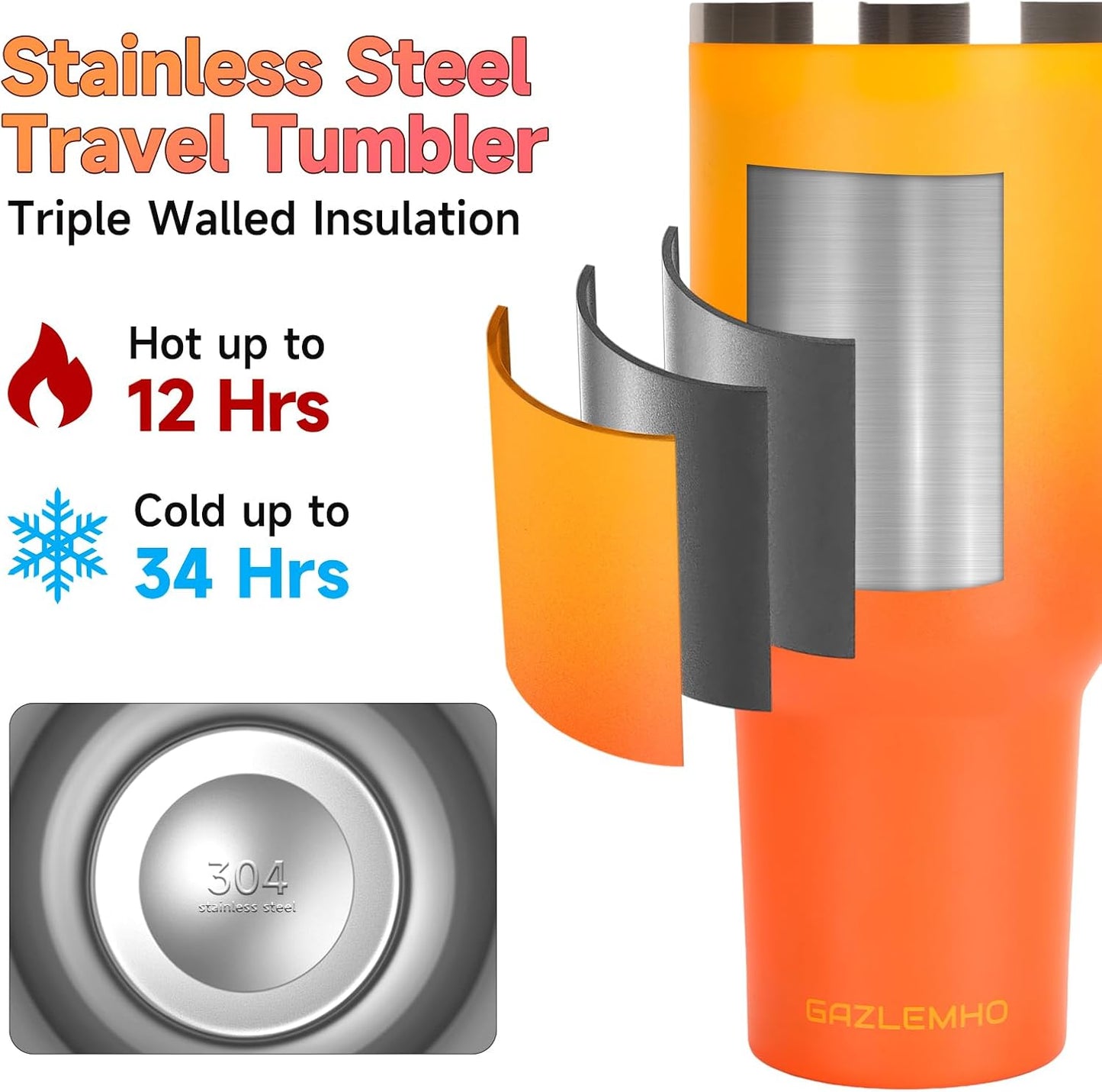 40oz Tumbler with Handle and Straw Spout 2-in-1 Lid, Spill Leak Proof Insulated Travel Cup Traveler Water Mug Keep Cold Hot, Dishwasher Safe Stainless Steel Bottle Gifts for Women Men, Ombre Orange
