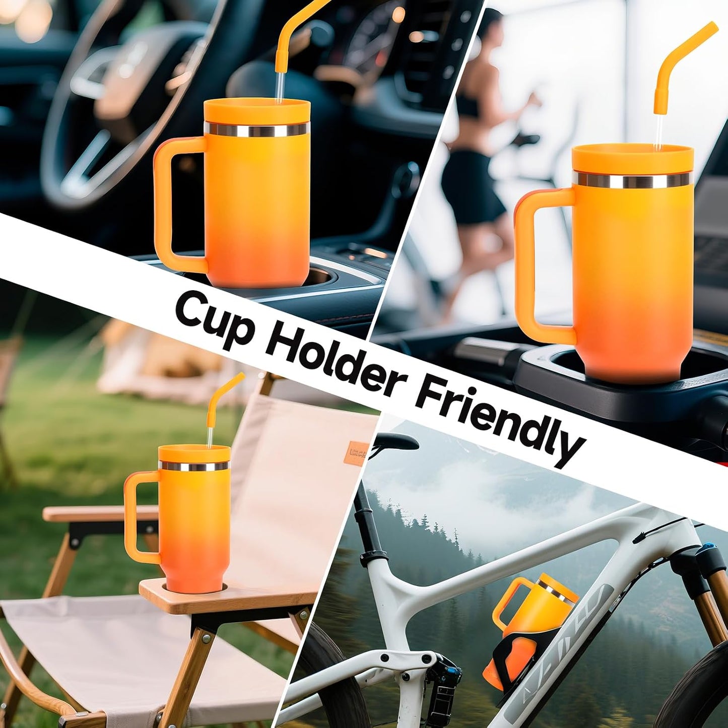 40oz Tumbler with Handle and Straw Spout 2-in-1 Lid, Spill Leak Proof Insulated Travel Cup Traveler Water Mug Keep Cold Hot, Dishwasher Safe Stainless Steel Bottle Gifts for Women Men, Ombre Orange