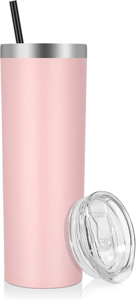 Stainless Steel Skinny Tumbler, 20 oz Vacuum Insulated Tumbler with Lid and Straw, Double Wall Coffee Cup, Travel Mug for Cold Hot Drinks, Light Pink