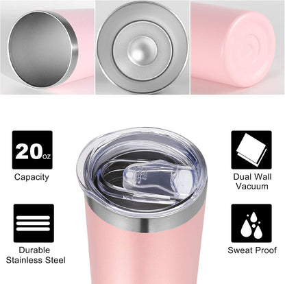 Stainless Steel Skinny Tumbler, 20 oz Vacuum Insulated Tumbler with Lid and Straw, Double Wall Coffee Cup, Travel Mug for Cold Hot Drinks, Light Pink