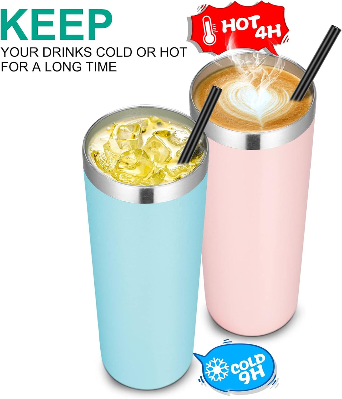 Stainless Steel Skinny Tumbler, 20 oz Vacuum Insulated Tumbler with Lid and Straw, Double Wall Coffee Cup, Travel Mug for Cold Hot Drinks, Light Pink